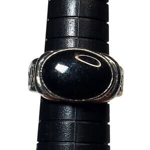 Silver Tone Ring Black Oval Enamel Cabochon Sz 7